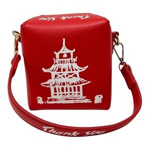Novelty Red Chinese Takeout Purse Tower Print Crossbody Chain Strap Tote Handle